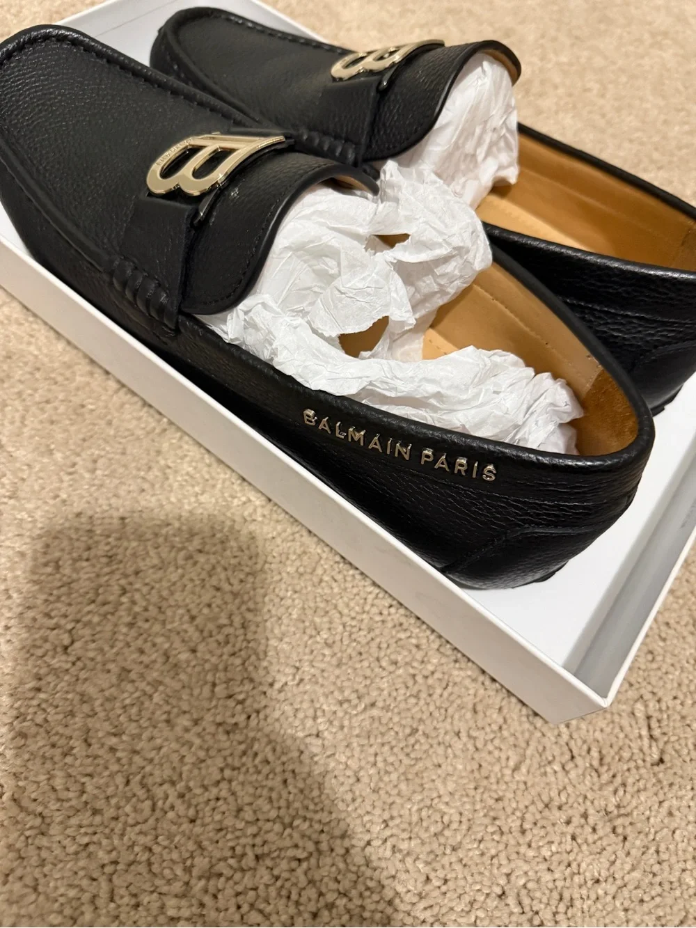 Balmain Black Leather Men’s Slip-On Loafers with Gold 'B' Accent